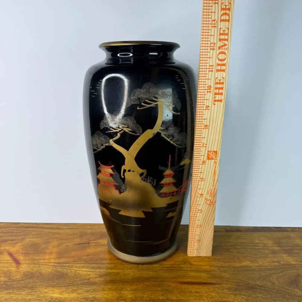 Vintage MCM Japanese Vase Scenic Temple Design